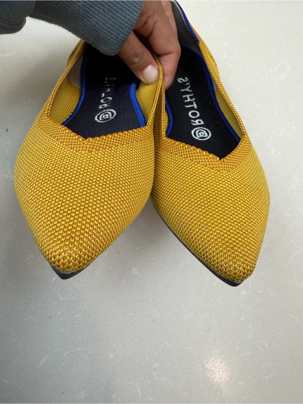 Rothy's Pointed Knit Flats in Mustard with Blue Trim - Picture 4 of 9